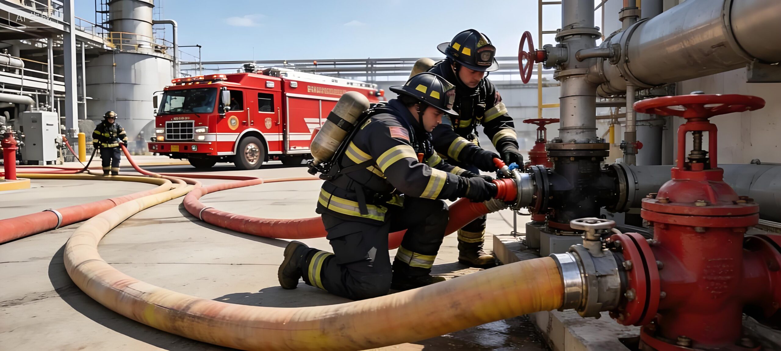 Firefighters operating heavy-duty red industrial gate valves during an emergency response at a petrochemical facility